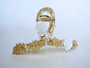 Large gold metal white flower leaves beads hair claw clip