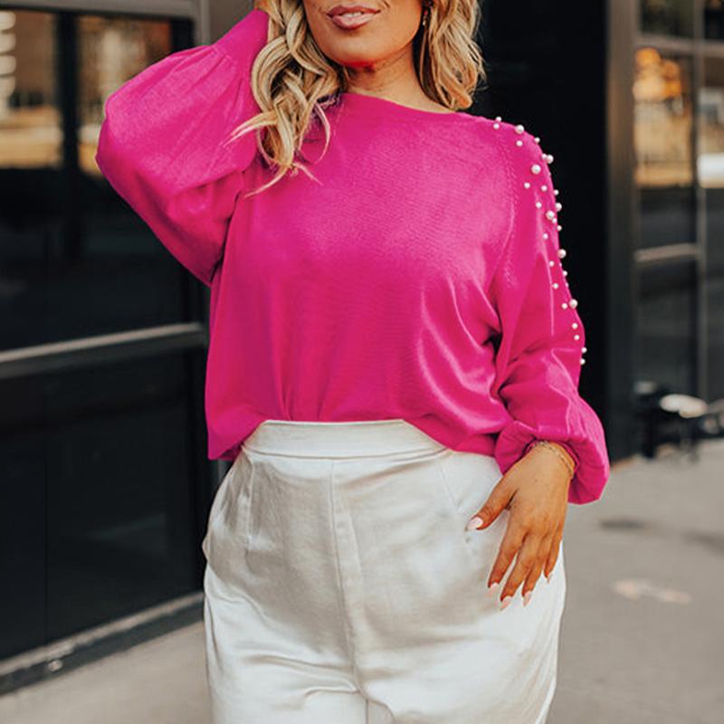 Znacicc Women's Plus Size Strawberry Pink Sweater with Pearl Embellished Sleeves, Elegant Raglan Sleeve Loose-Fit Knit Top for Casual & Dressy Occasions,Winteroutfit