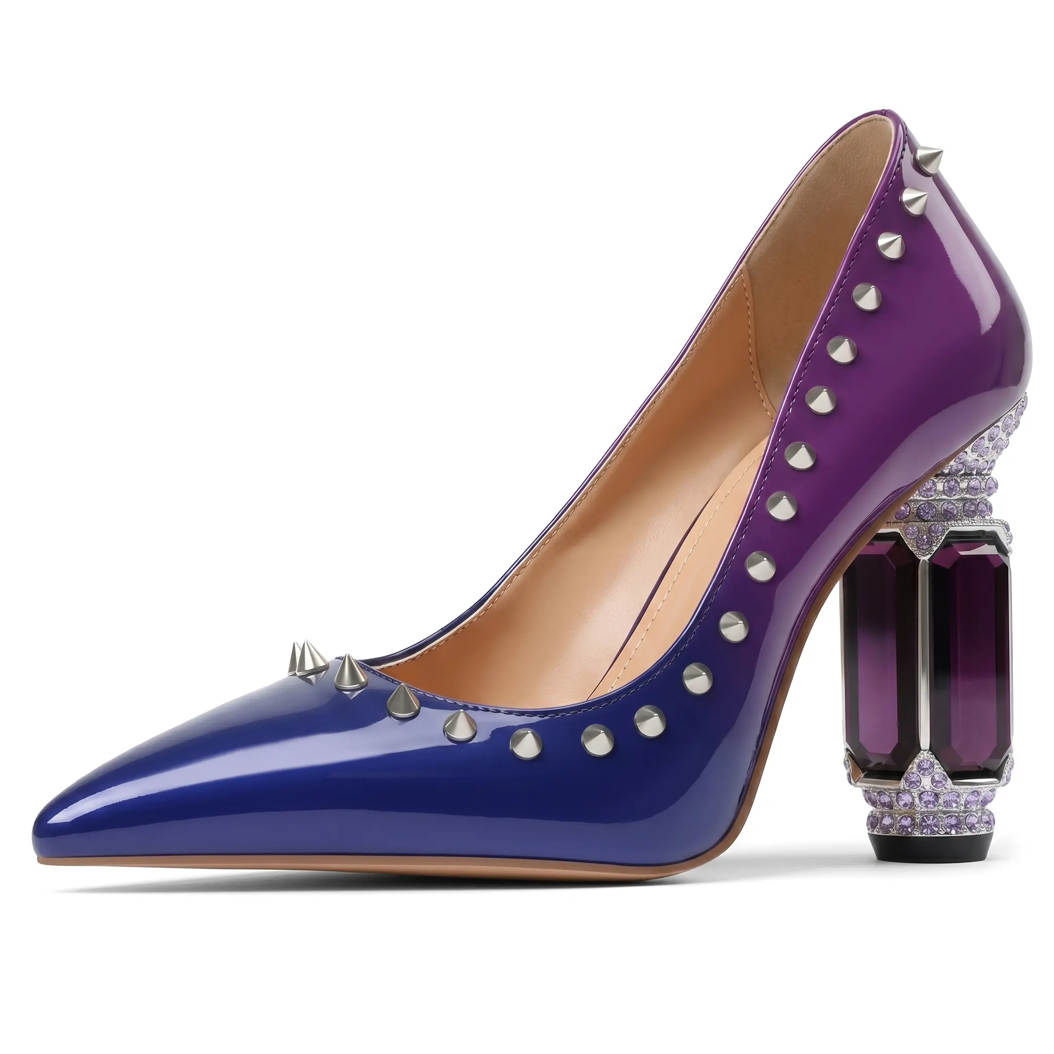 Custom Made EROCALLI Purple Gradient Patent Leather Punk Metal Rivets Decorative Heel Pumps Glossy Sharp Pointed Toe Purple Crystal Rhinestone Ornate Block Heel Concert Party Evening High Heels For Fashion Women