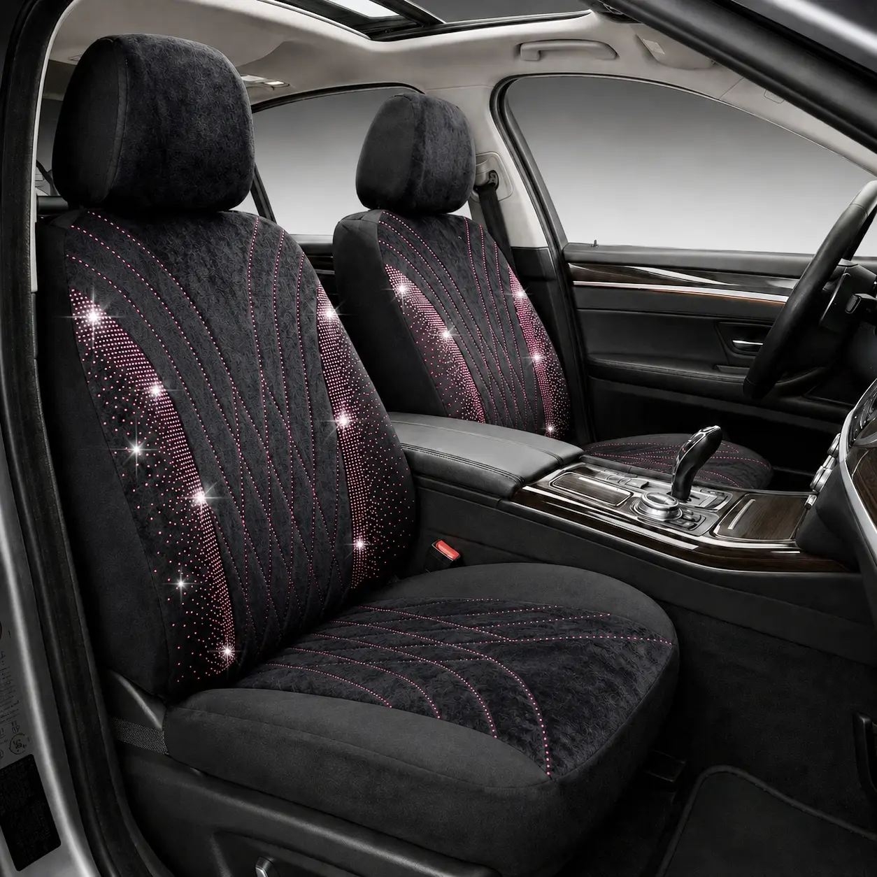 AUTOYOUTH Universal Bling Car Seat Covers for Women Girls, Luxury Car Front Seat Protectors with Sparkly Diamond Crystal, Soft Velvet Fabric, Airbag Compatible, Fits Sedan Truck Van SUV, Black Pink Car Interior Decor, Car Accessories, Car Seat Decorative