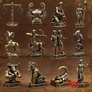 Vintage Brass Zodiac Statue Ornament, 12 Constellation Sculptures, Elegant Metal Craft, Perfect for Home Office Decor, Birthday Gift Idea