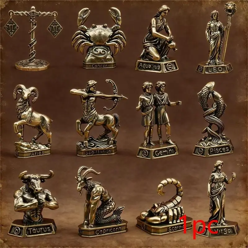 Vintage Brass Zodiac Statue Ornament, 12 Constellation Sculptures, Statue Figurines, Decorative Statues, Elegant Metal Craft, Perfect for Home Office Decor, Sculpture Desk Decor, Birthday Gift Idea, Desk Ornaments