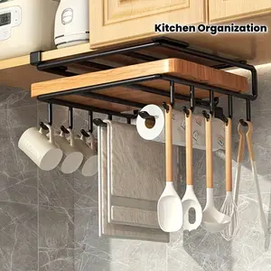 Stainless Steel No-Drill Kitchen Storage Rack Hanging Cabinet Under Cabinet Cutting Board Holder Paper Towel Rack Pot Lid Organizer