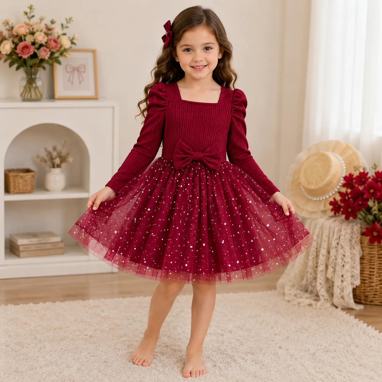 Toddler Girls Glitter Princess Dress with Star Tulle Skirt and Bow, Long Sleeve Party Dress for Christmas, Birthday and Holiday Events