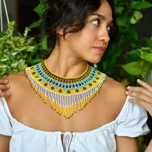 Sunflower Seeds - Elegant Yellow and Blue Beaded Choker - Handmade by Native Artisans - Mother Sierra