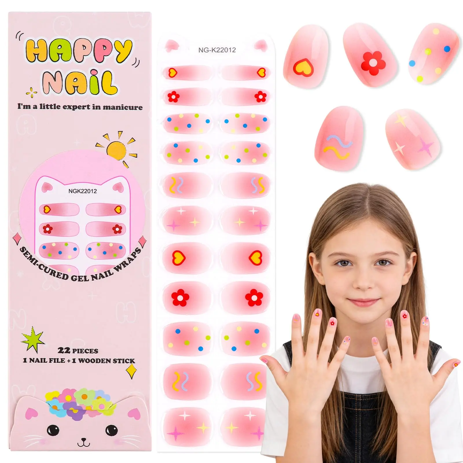 EBANKU Kids Gel Nail Polish Strips, Flower Star Cute Semi-Cured Nail Art Wraps for Girls, Fun Designs Gel Nail Stickers for Home Nails DIY