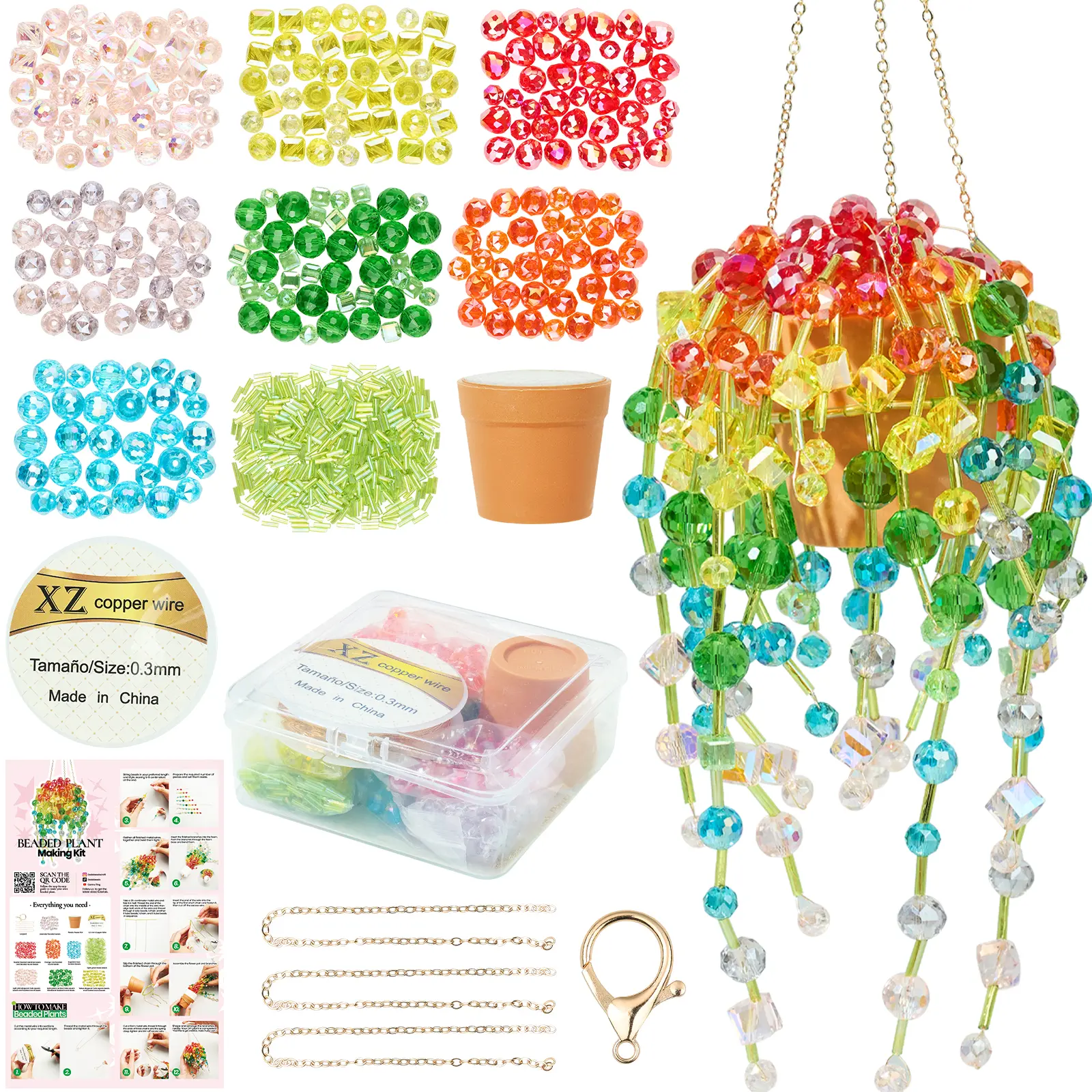 Beaded Plant Kit, Crystal Suncatcher Craft Kit with Colorful Glass Crystal Beads, Pot, Chain, Faux Moss, Air Dry Clay, Instruction Booklet & Video Tutorial, Tabletop or Window Decor Gift