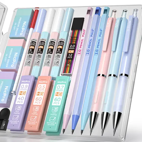 Nicpro 5-Pack Aesthetic Assorted Mechanical Pencils Set with Case - 0.5/0.7/0.9mm Fine Tip & 2mm Lead Holders, 11 Tubes (4B/2B/HB/2H) Lead Refills, 3 Erasers, First Day of School Stationery, Convenient for Students