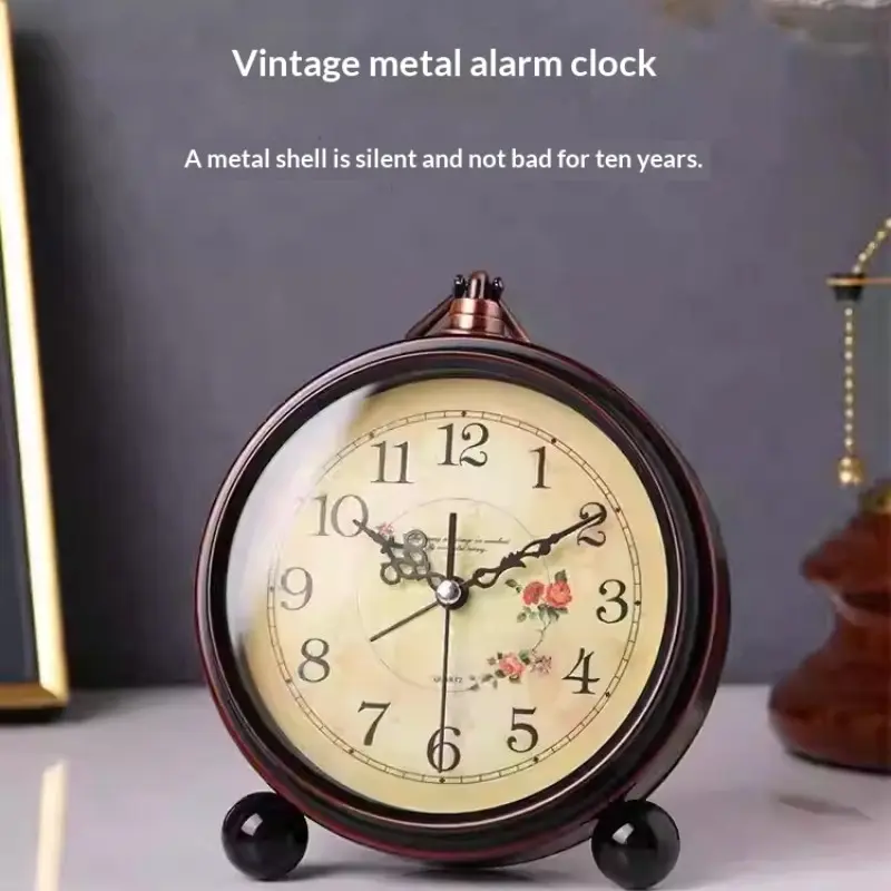 Vintage Luxury Desk Clock, American European Style, Silent Alarm, Anti-Drop Heavy Table Clock, Decorative Clock, Home Decor, Student Wake-Up Bell