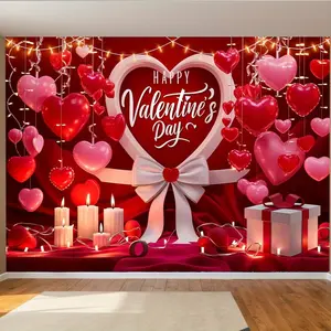 Valentine Tapestry Heart Love Backdrop Romantic Theme Wall Hanging Photography Background Red Bow Design for Party Decoration Living Room Bedroom Indoor Outdoor Polyester
