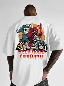 Men's Skull & Demon Motorcycle Print Casual Round Neck Short Sleeve T-Shirt, Summer Street Style Outdoor Sports Tee, Streetwear
