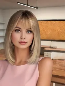 12 Inch Short Straight Bob Wigs for Women, Gorgeous Fluffy Glueless Wig with Bangs, Synthetic Full Machine Natural Looking Wig for Party, Daily Use, Stylist Friendly Wig