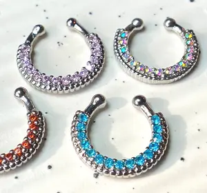 1pc Non-Piercing Single Line Paved Gem Septum Hanger Clip-On Fake Nose Ring
