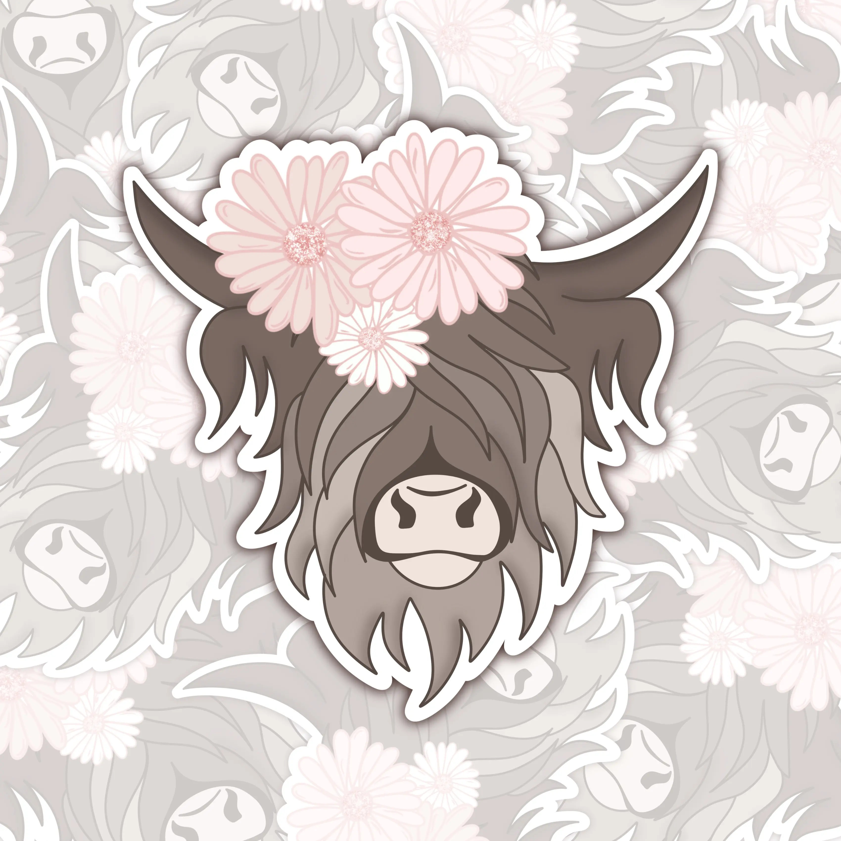 Floral Highland Cow Sticker ⎮ Cute Cow Head Sticker ⎮ Laptop Decal ⎮ Pink Flowers printable stickers Decor Decorative Vinyl Glossy