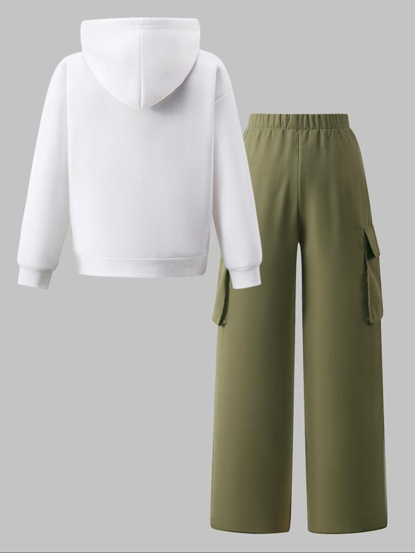 Teen Girls 2 Piece Set Casual Fashion Streetwear, Fleece Long Sleeve Hoodie Top & Wide Leg Work Pants, Fall Winter