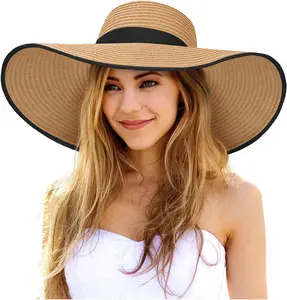 Sun Hats for Women Oversize Wide Brim Straw Beach Hat Floppy Foldable Roll-Up Summer Vacation UPF 50+