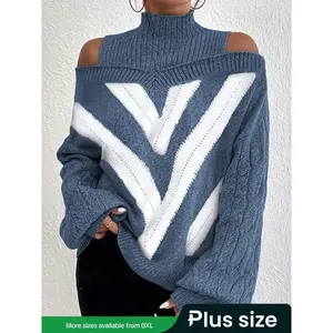 Oversized off-shoulder high-neck knit sweater, casual loose pullover, autumn and winter fashion, women’s clothing