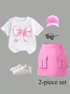 Y2K Style Girl Two-Piece, Bow Print T-Shirt & Utility Skirt Set, Summer Casual Wear, Elegant Fitted Suit