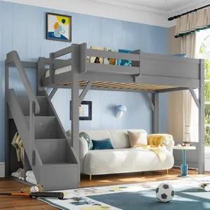 [Bellemave]Twin/Full Size Loft Bed with Built-in Wardrobe and Storage Space, Solid Wood Loft Bed with Beside Shelves, Full-length Guardrails and Stairs, No Box Spring Needed, Gray