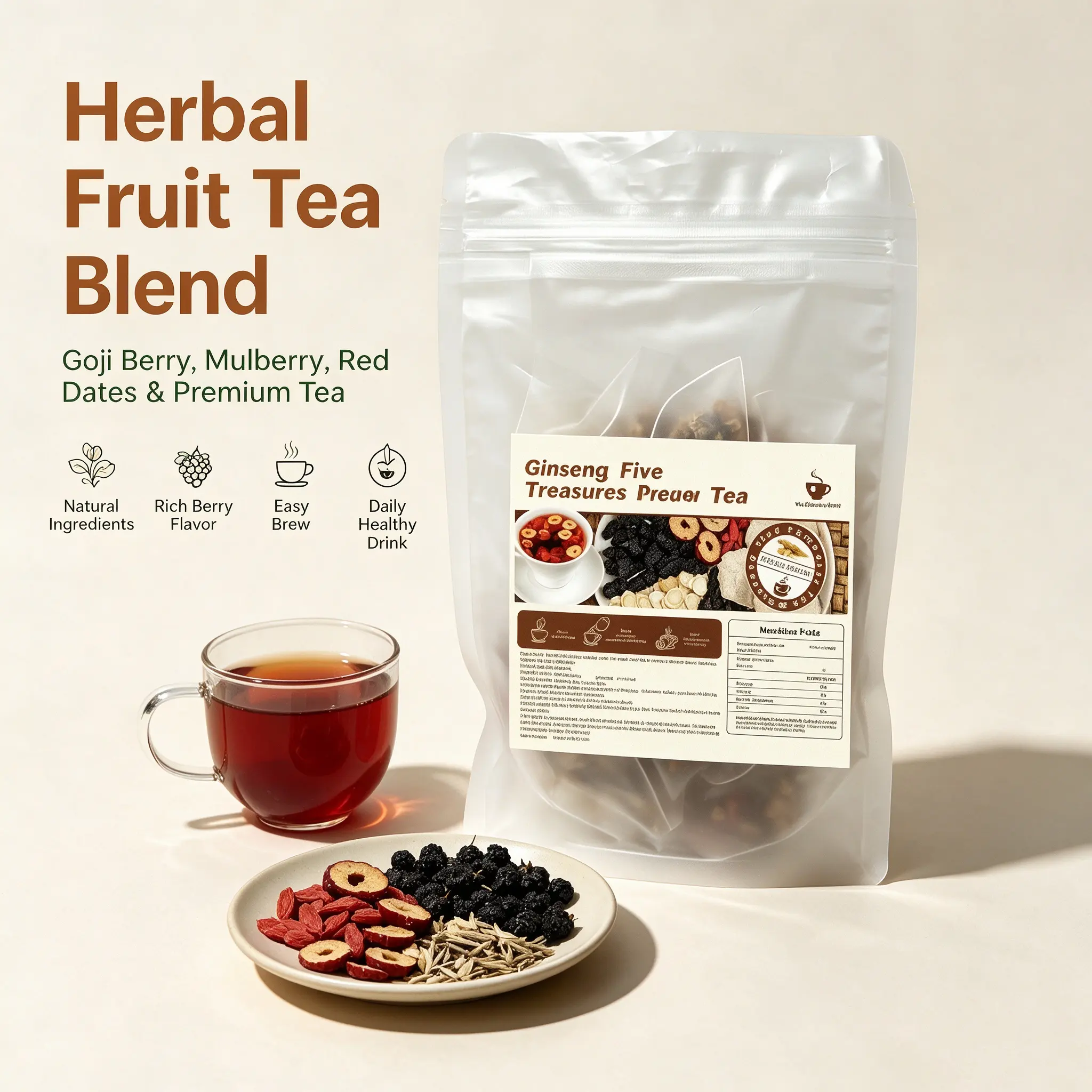 Men's Herbal Fruit Teabags - Ginseng 5-Treasure, Red Date Wolfberry, Mulberry, 8-Treasure Scented Tea Formulas, 60-Count Beverage Packs