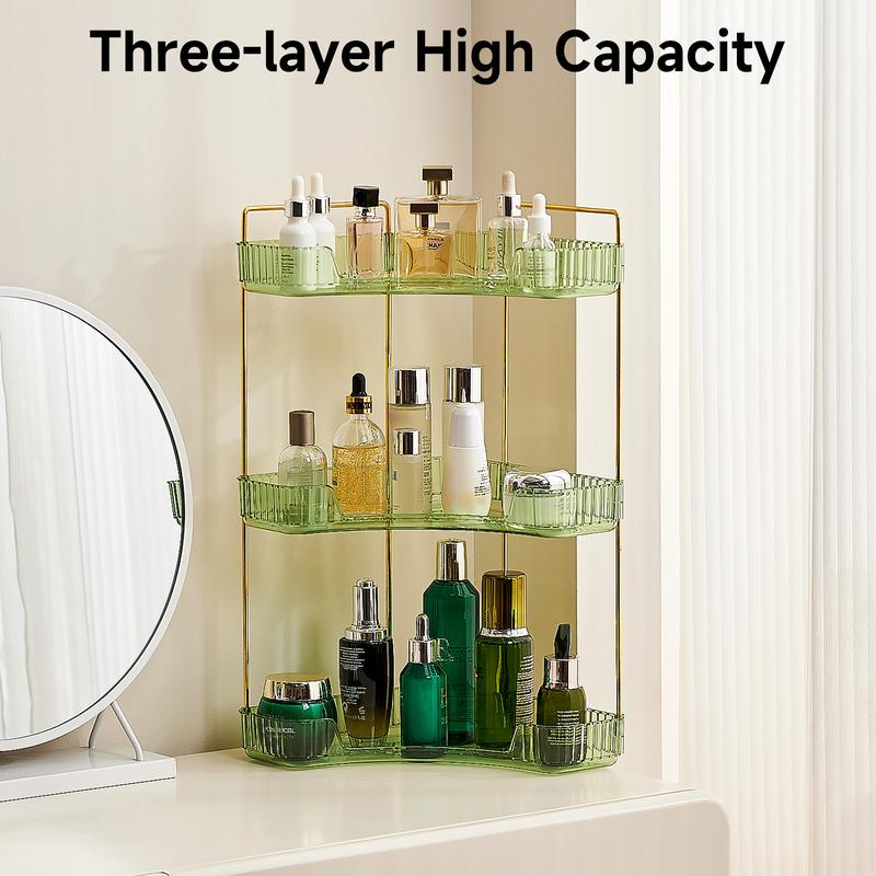 UFORU 3 Tiers Corner Bathroom Counter Organizer, Clear Countertop Shelf Storage Rack, Cosmetic Perfume Tray Standing Holder with Gold Metal Pole, Skincare Sink Organizer for Vanity Kitchen Transparent Smooth