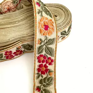 Vintage Floral Embroidered Ribbon Decorative Strip, Multi-Color Woven Fabric, Ideal for Sewing Supplies and Craft Projects, Retro Floral Pattern