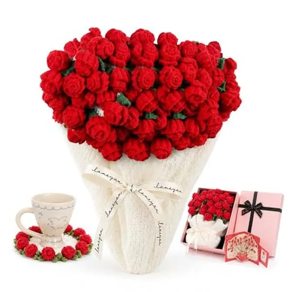Rose Flower Blanket Bouquet, Handmade Crochet Flower Throw Blanket with Gift Box, 3D Floral Blanket for Women, Mom, Girlfriend and Special Occasions