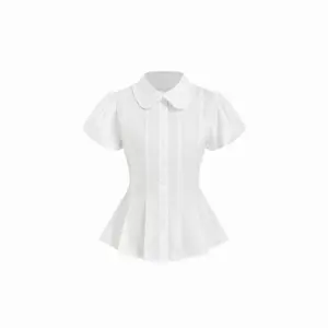 Cider 100% Cotton Puff Sleeve Peter Pan Collar Peplum Blouse