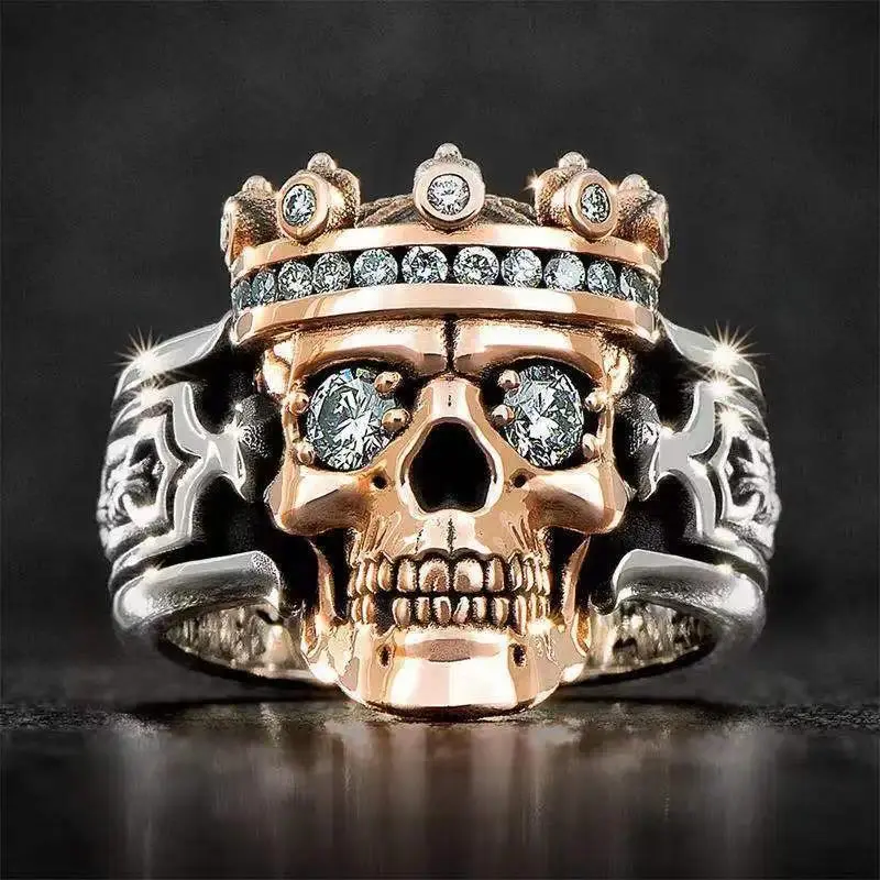 Men's 2-Tone Crown Skull Ring, Punk Style Statement Band for a Bold Look, Fashion Jewelry Available in Multiple Sizes, Unique Gift Idea, Gift Ideas, Skull Graphic Rings, Male Wear, Multi-Size