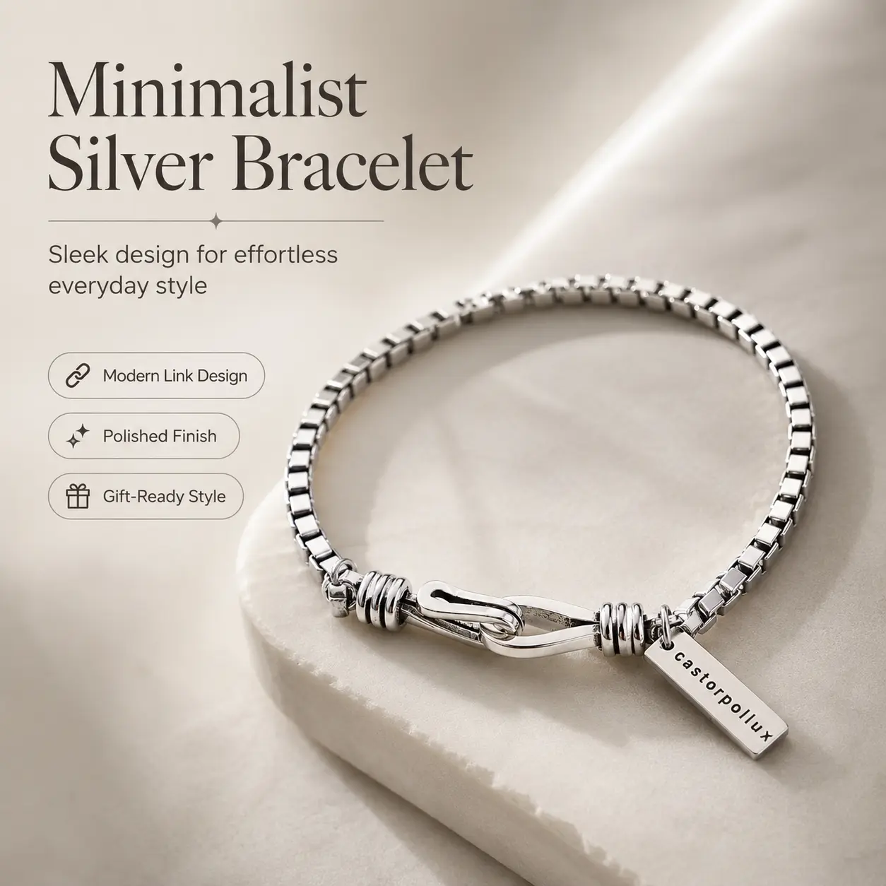 Unisex Minimalist Silver Stainless Steel Bangle - Box Link Chain Bracelet with Knot Clasp, Polished Tag Charm, Metal Coating, Casual Daily Wear Fashion Jewelry Gift