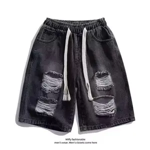 Drawstring Elastic Waist Ripped Denim Shorts for Men Street Fashion Brand Straight Large Size Casual Five-Point Shorts Summer Thin Style