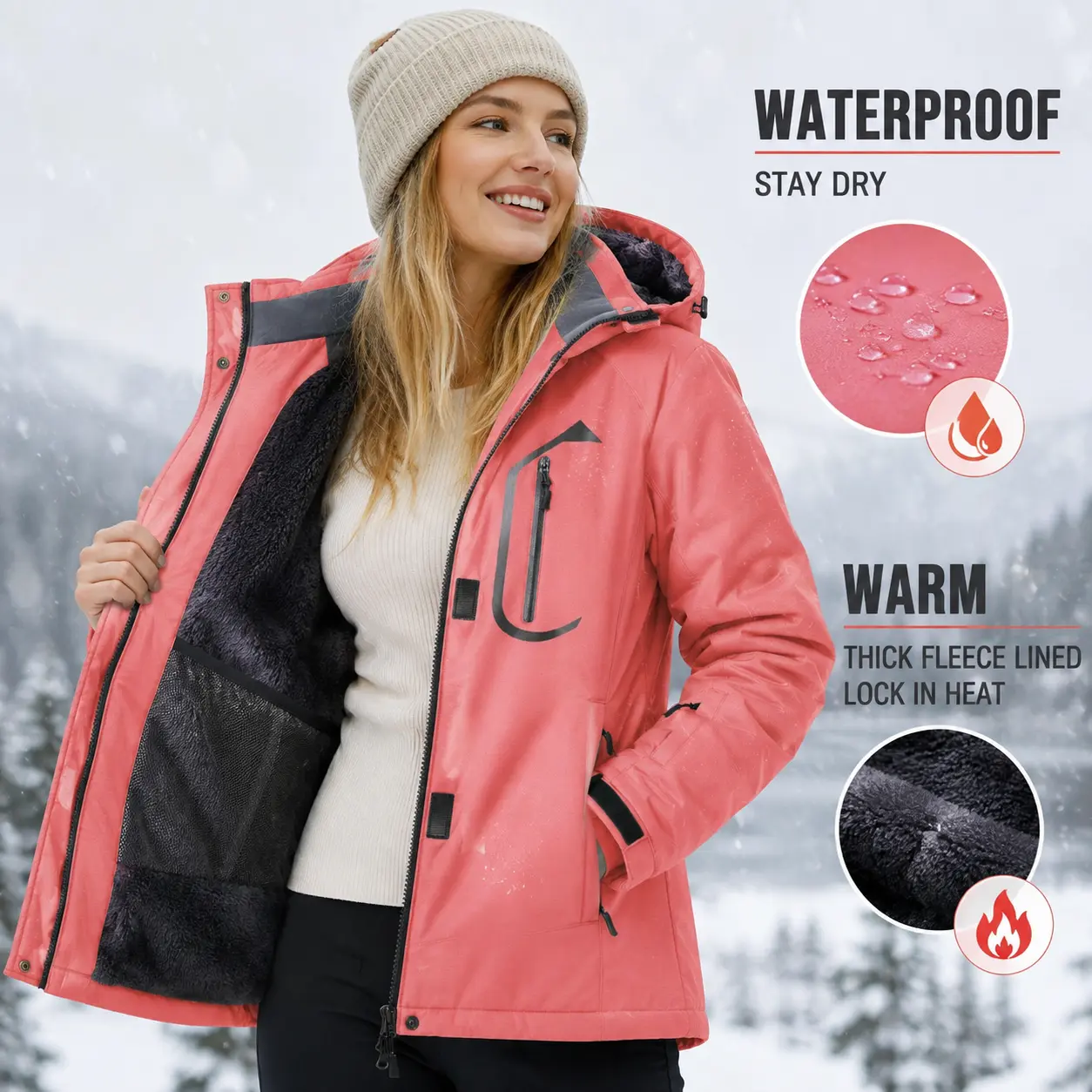YUCOLEN Women's Ski Jacket Waterproof Insulated Warm Winter Coat Thermal Windproof Snow Jacket Fleece Lined Raincoat