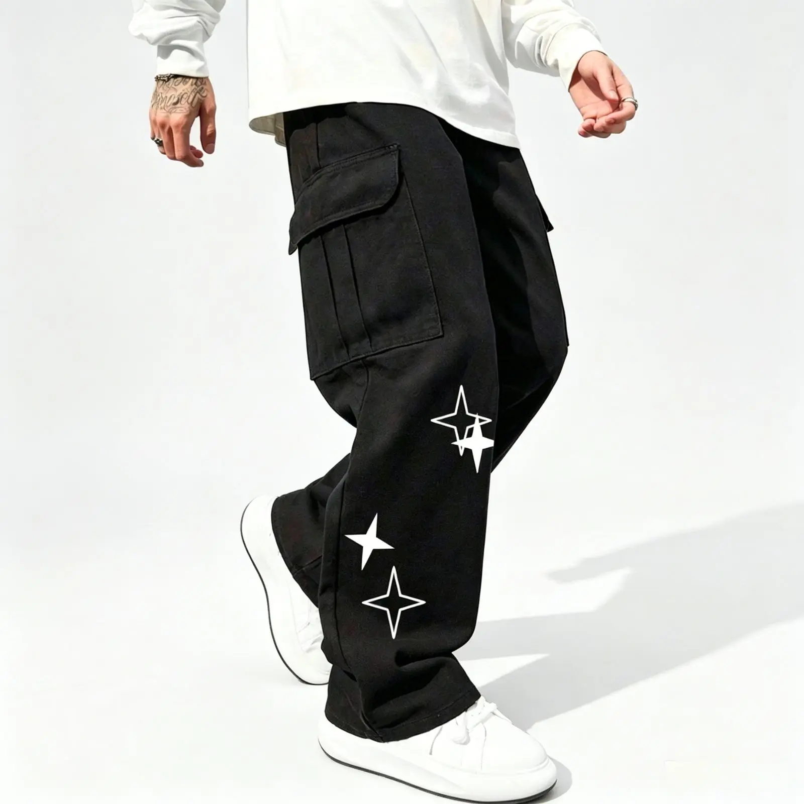 Men's Star Print Wide-Leg Multi-Pocket Baggy Cargo Trousers - Menswear, Fashion, Streetwear Hip-Hop Loose Casual Long Pants