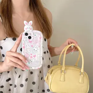 Flowing sand bead cute party pink love rabbit phone case for iPhone 13 14 15 16 pro max