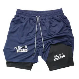 Men's 2 in 1 Workout Running Shorts, Motivational Never Give Up Print Stretchy Athletic Gym Shorts with Built-in Liner & Pockets, Quick Dry Drawstring Training Shorts for Men