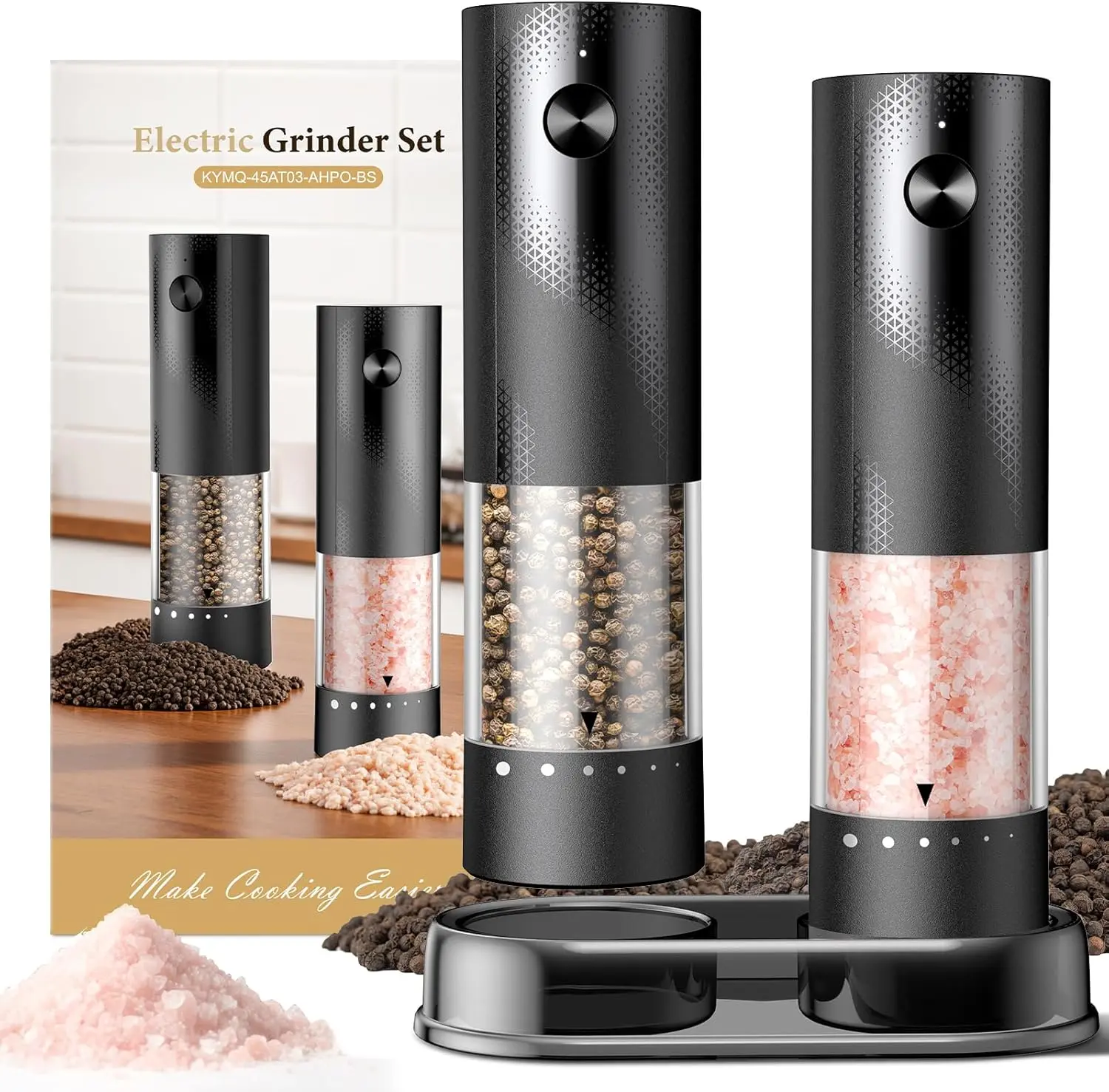 2-Pack Black Electric Ceramic Spice Grinder Set - Rechargeable Automatic Seasoning Shakers, Smooth-Adjustable Coarseness Kitchen Appliance, Larger Hopper for Cooking, Home Gift