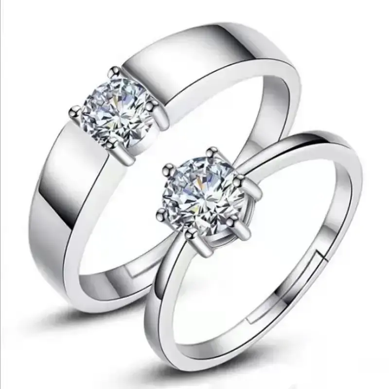 2 Pieces/set Women and Men Fashion Crystal Six Claw Open Adjustable Wedding Rings Crown Couple Rings Jewelry Gifts For Lovers