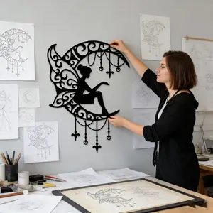 Bohemian Moon Fairy Metal Wall Decor, Modern Home Decor, Vintage Modern Silhouette Art, Hanging Fantasy Celestial Ornament for Living Room Bedroom, Wall Decoration
