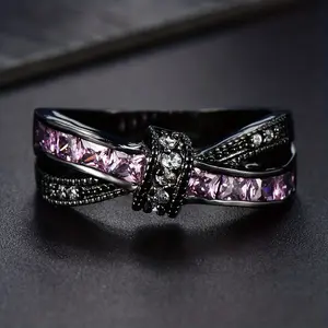 Gothic Style Grids Ring Fashion X-shaped Knot Design Inlaid with Shining Zircon Matching Daily Outfits Exquisite Party Accessories Suitable for Men and Women