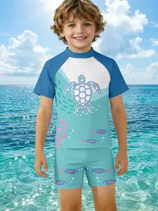 Boys' 3D Ocean Turtle Print Swimwear Set, Underwater Theme Short Sleeve Shorts Two-Piece, Fashion Outdoor Sports, Birthday Gift, Holiday Gift