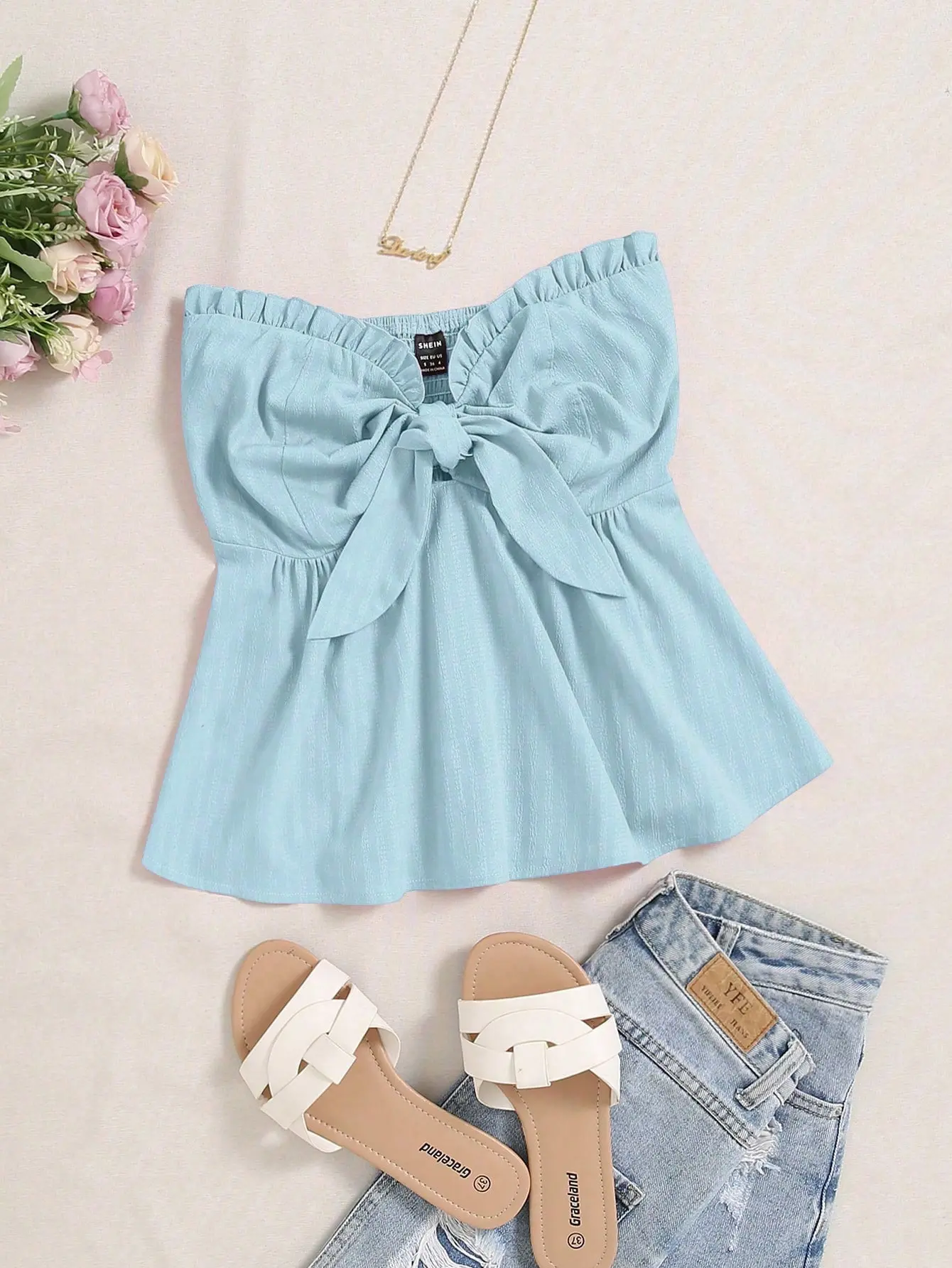 VYNCE Versatile Knot Bust Frill Trim Shirred Back Tube Top Summer Crop Top Strapless Ruched Stretchy Beach Party Vacation Outfit