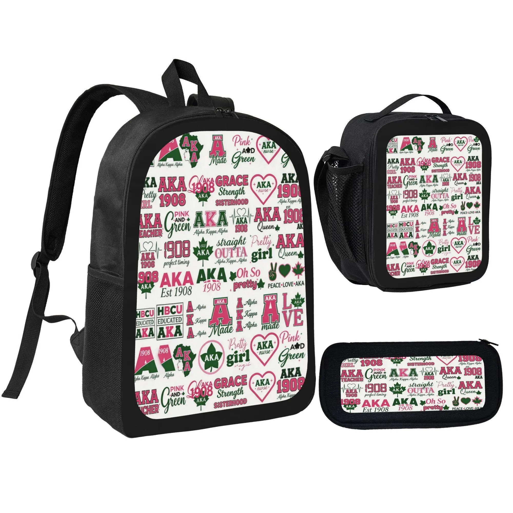 3Pcs Backpack Set Alpha Kappa Alpha Sorority 1908 Pink And Green Greek Letters Pattern With Lunch Bag Pencil Pouch School Bag For College Students Sorors Back To Campus