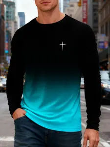 Gradient Color Full Print Men's Casual, Streetwear Long Sleeve T-Shirt With Cross Print Pattern - Black to Turquoise & Black to Orange Soft Casual Top for Formal & Valentine's Day Holiday Gift Outfits-Machine Washable All season Tee