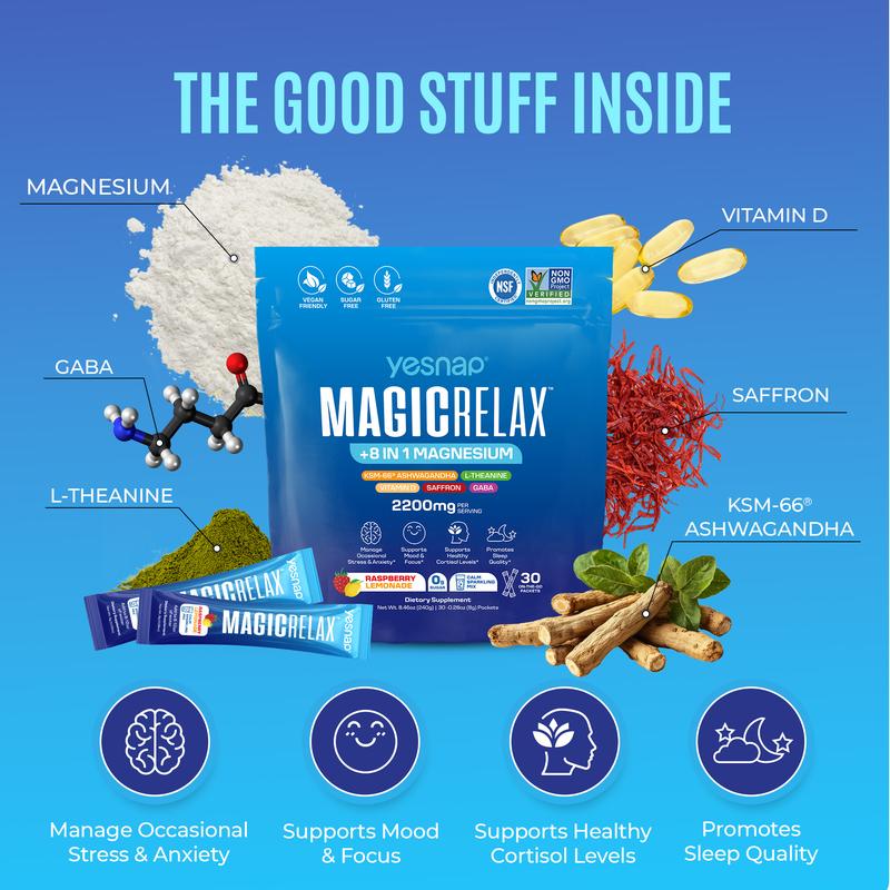 Yesnap MAGICRELAX Calming Sparking Mix with 8-in-1 Magnesium, KSM-66 Ashwagandha, Saffron, Vitamin D3, GABA & L-Theanine Supports Cortisol Balance Mood Sleep 30 Servings, No Sugar, Non GMO, Raspberry Lemonade Flavor