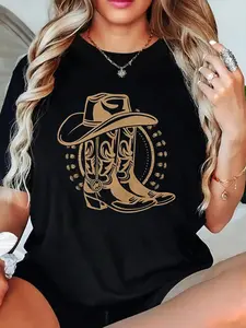 Women'S Casual Black Washed T-Shirt with Western Cowboy Boot Hat Print - Loose Fit, Round Neck, Short Sleeve, Stretch Blend, Perfect for Spring Summer, Western T Shirts