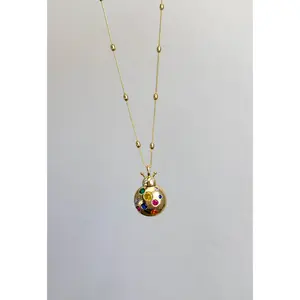 LadyBug Necklace with Colorful Beads and Gold Chain