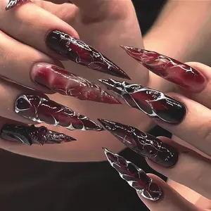Red Black Marble Press On Nails, Silver Vein Long Stiletto Nails, Gothic Vampire False Nails, Halloween Dramatic Nail Set