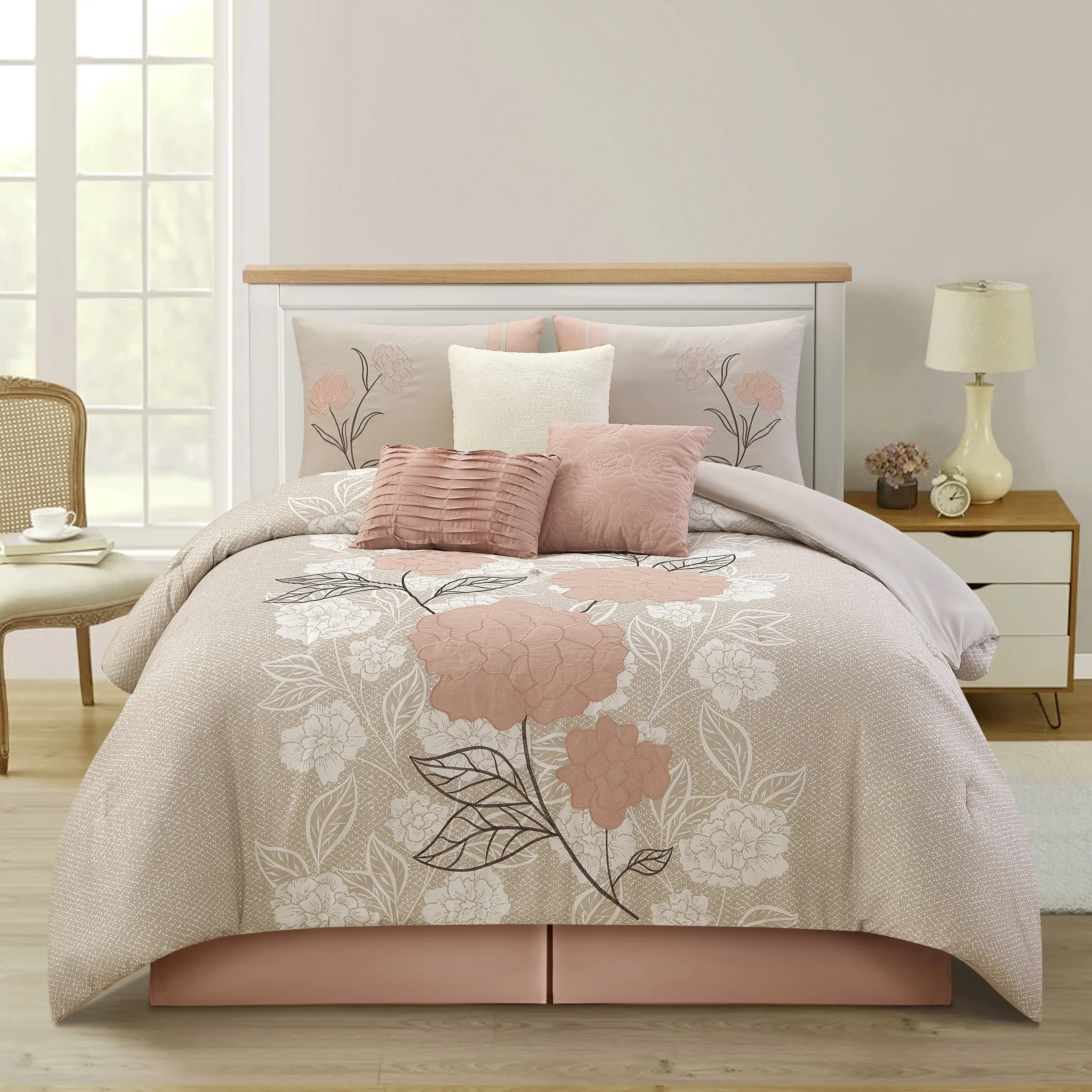 Camellia 7 Piece Microfiber Print Comforter Set, Blush, Floral