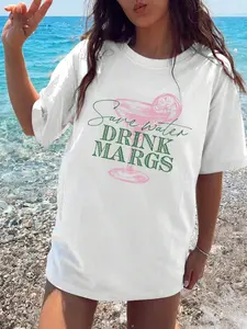Y2K Style Water-Saving Margarita T-Shirt, Cactus Pattern Letter Print Women's Casual Round Neck Short Sleeve Top, Daily Wear, Everyday Streetwear