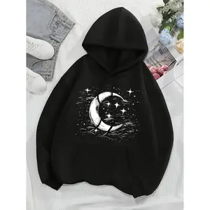 Women'S Navy Blue Hooded Sweatshirt with Moon and Stars Design - Long Sleeve, Drawstring, Pockets, Machine Washable - Perfect for FallWinter, Casual WearHooded SweatshirtComfortable Fit Hoodie